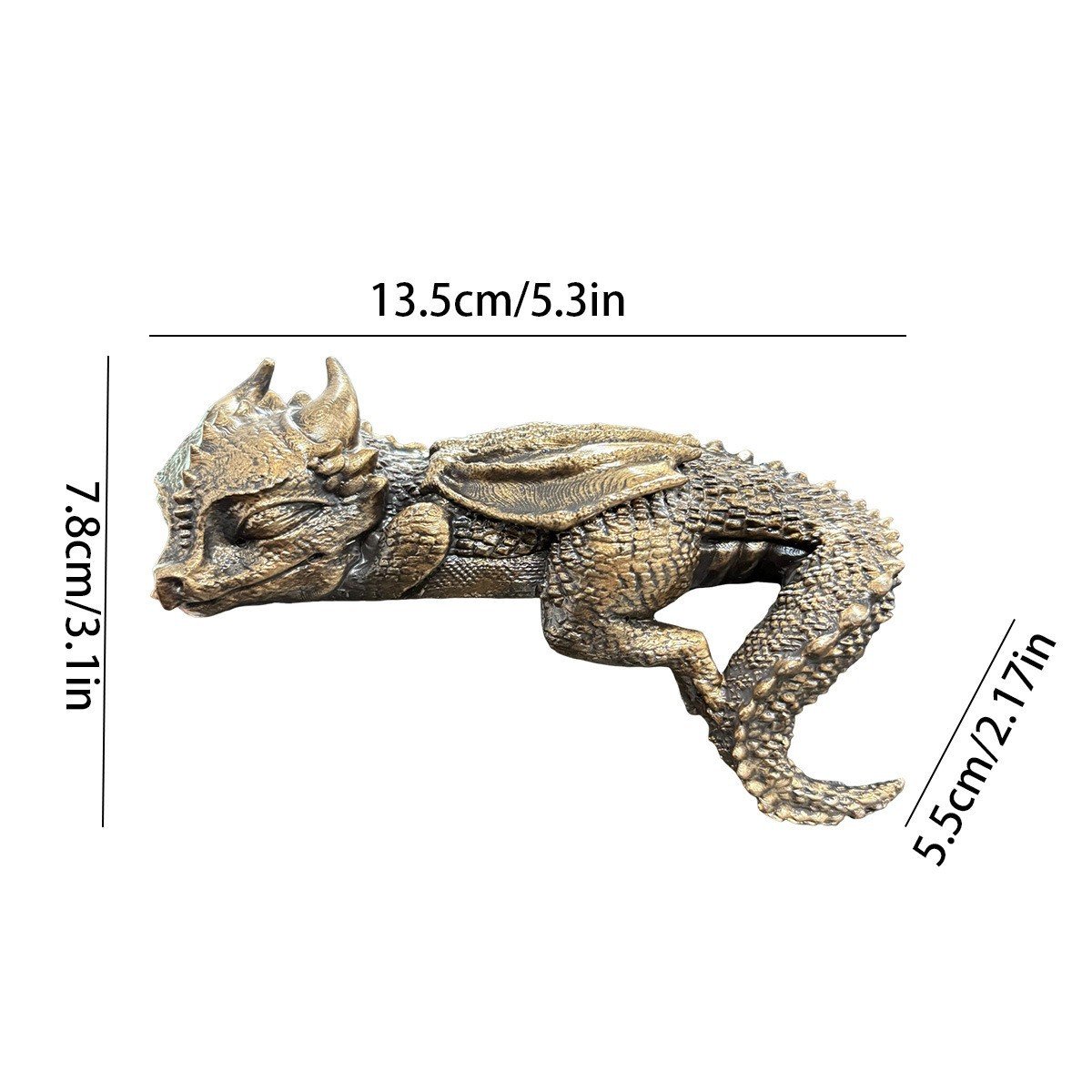 Gold sleeping dragon figurine with size dimensions shown