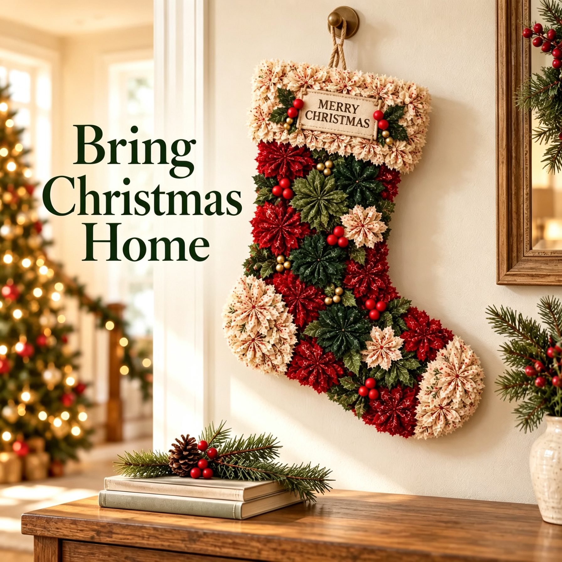 Handmade Christmas fabric flower door hanging in a cozy holiday home