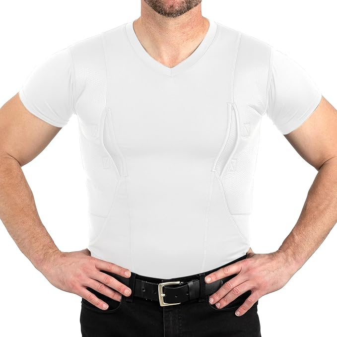CCW Tactical Concealed Carry Holster Shirt | Secure Velcro Pocket with Large Storage | Mens V-Neck