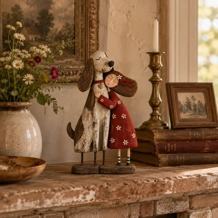 Girl and dog friendship figurine on a cozy autumn mantel