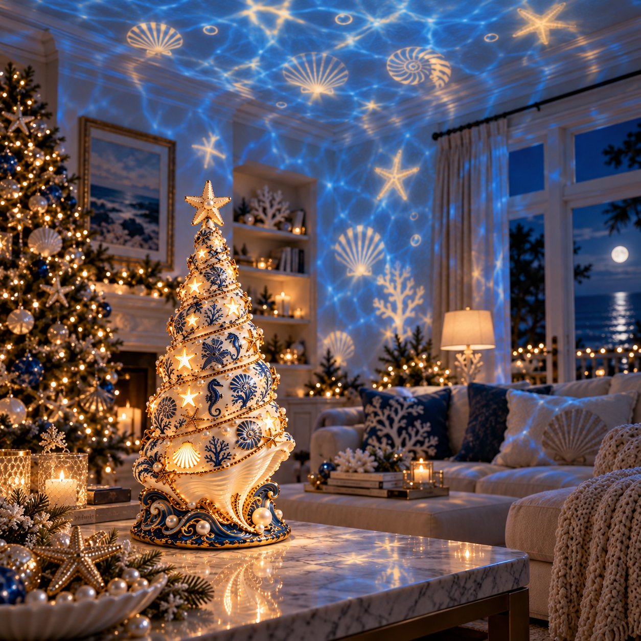 Oceaanprojectie van de kerstboom op muren en plafond