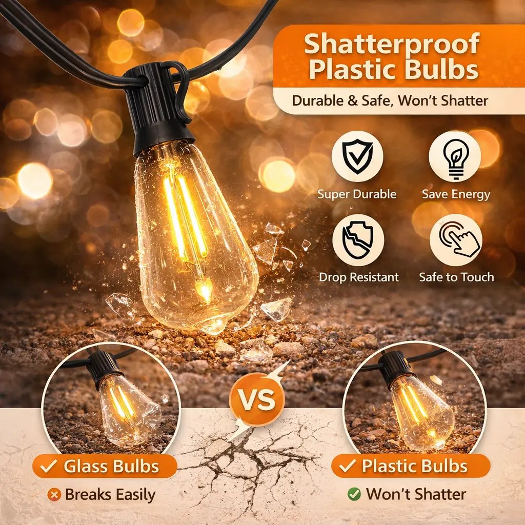 Shatter-resistant plastic vintage Edison bulbs for outdoor string lights