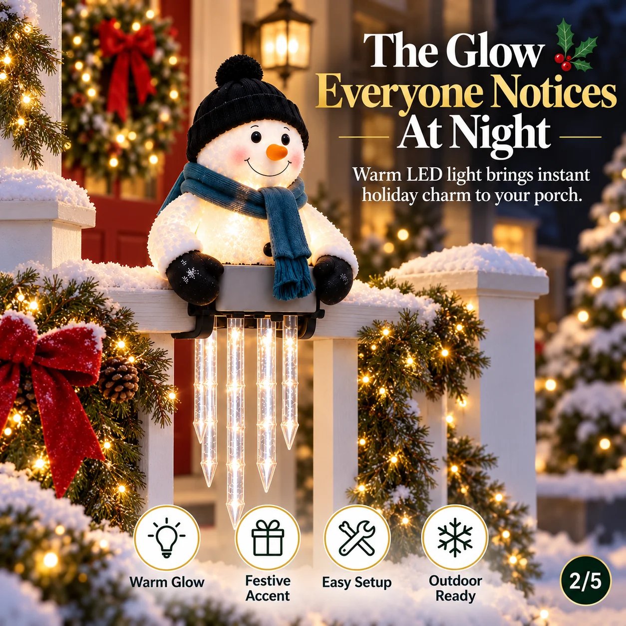 Warm glow snowman icicle light holiday porch decor