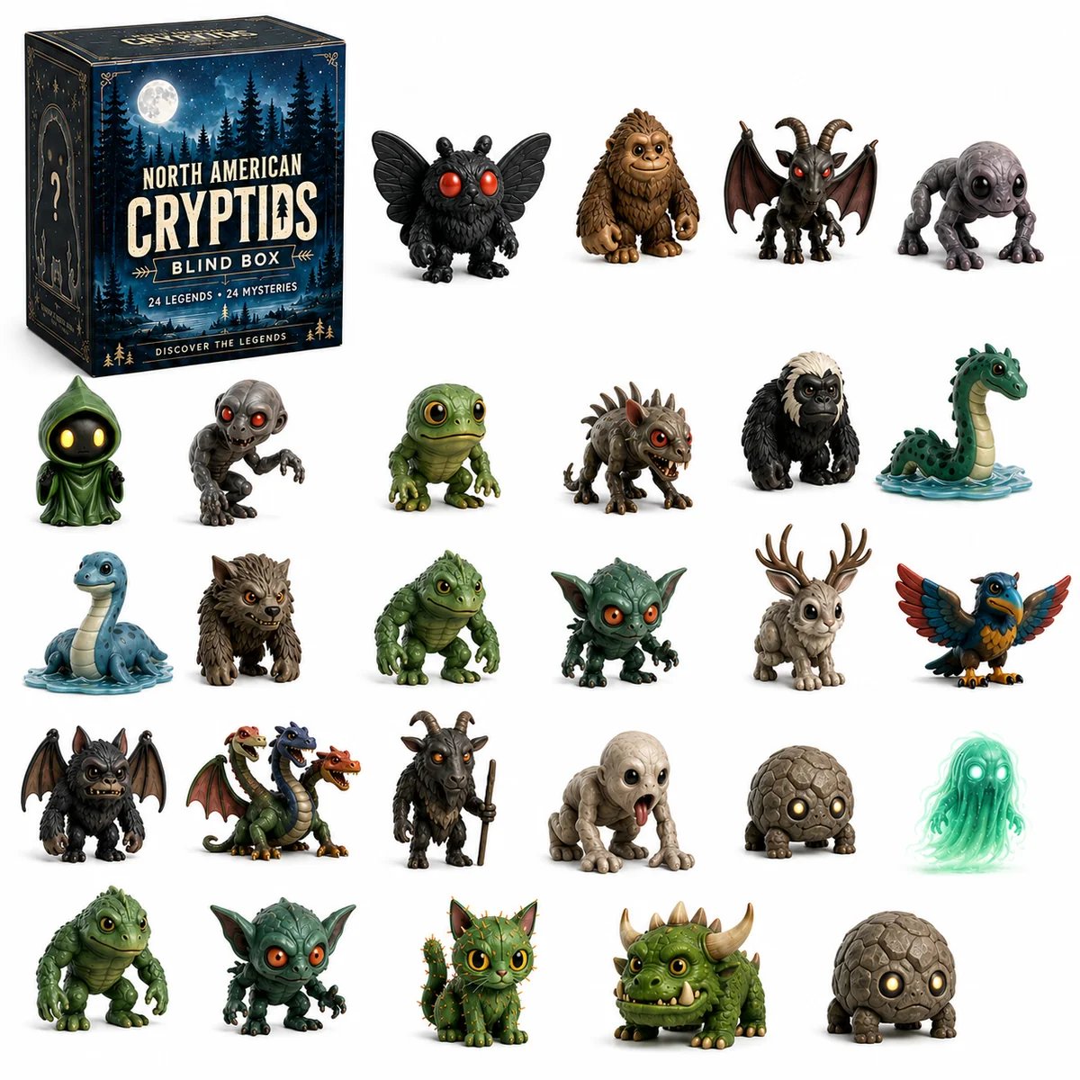 Complete 24 North American Cryptids collection on white background