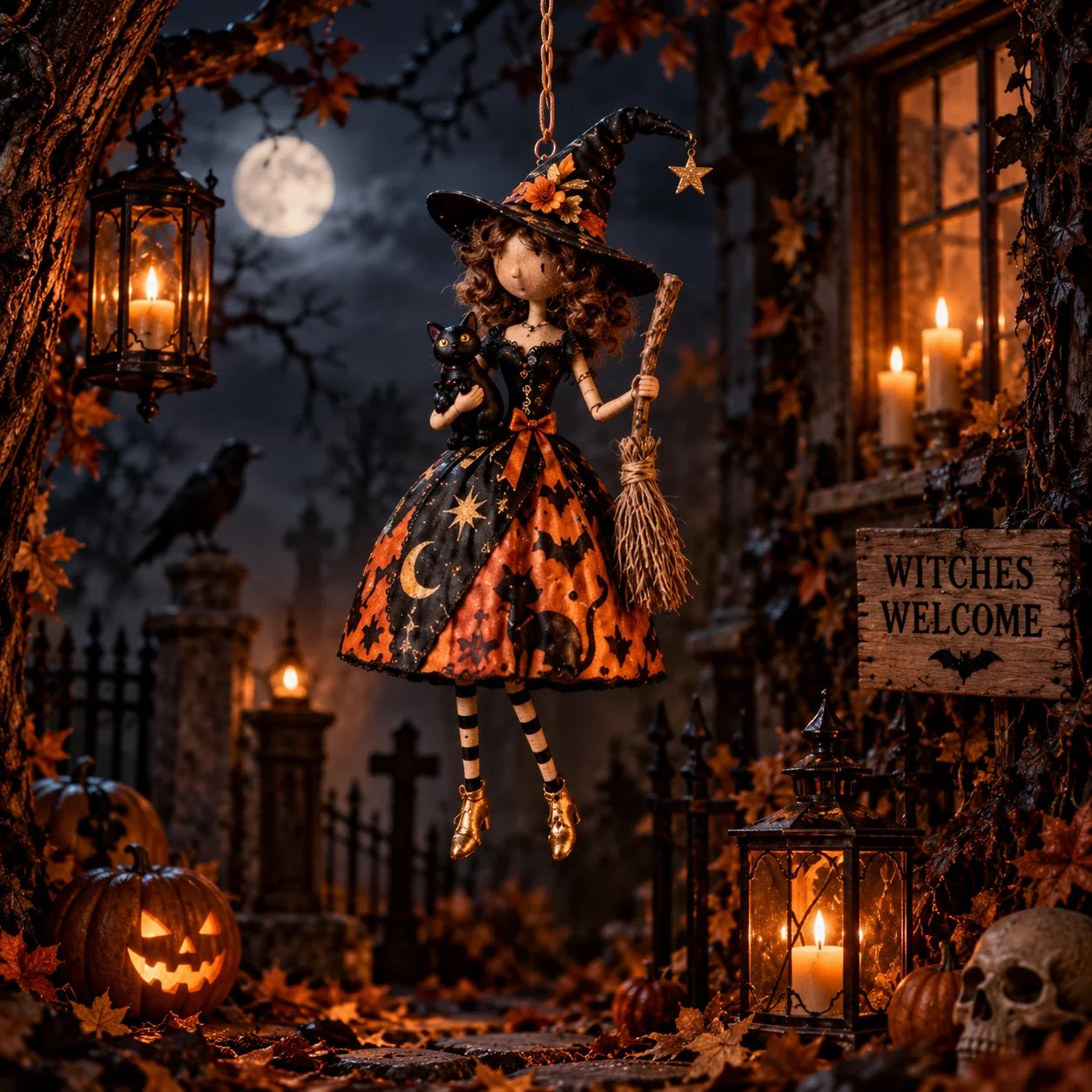 Witch Lady at night Halloween display