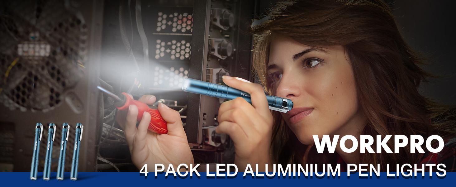 #Summervibes WORKPRO LED Pen Light, Aluminum Pen Flashlights, Pocket Flashlight with Clip for Inspection, Emergency, Everyday, 2AAA Batteries Include(4-Pack)