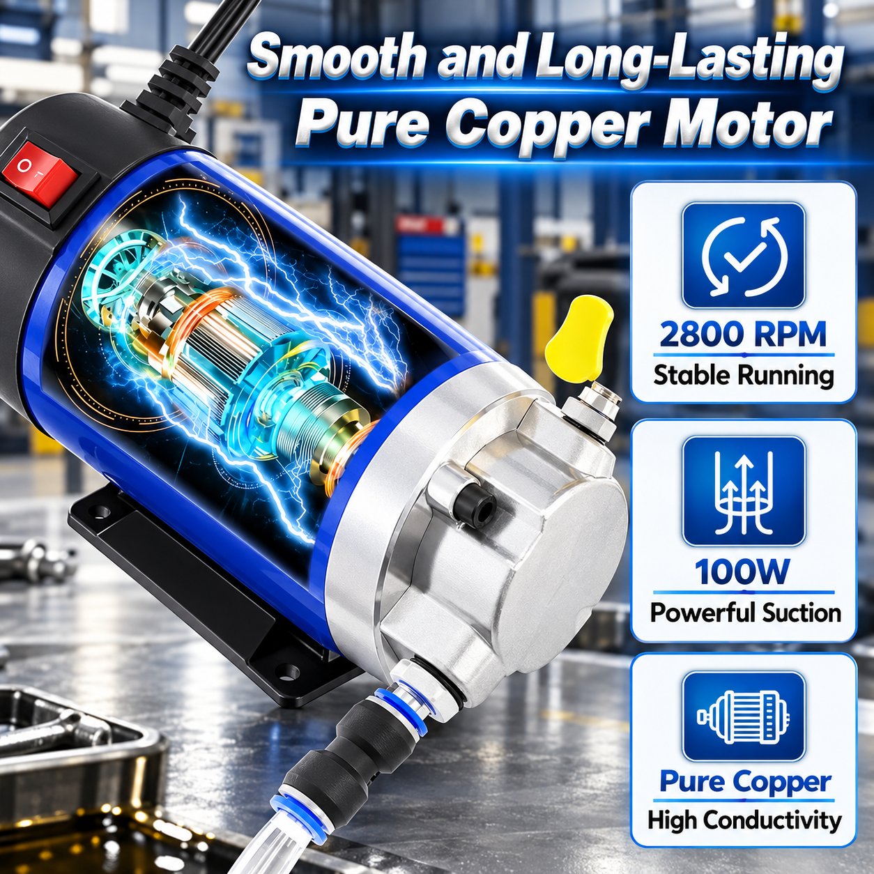 Illustrated copper motor cutaway showing the oil pump's 100W power and 2800 RPM rating