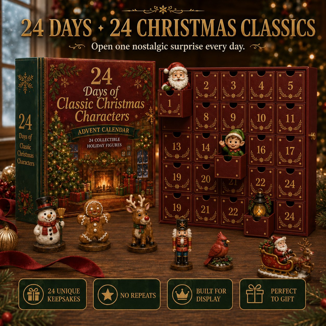 Vintage Advent Calendar with numbered drawers and classic Christmas keepsakes opened one day at a time