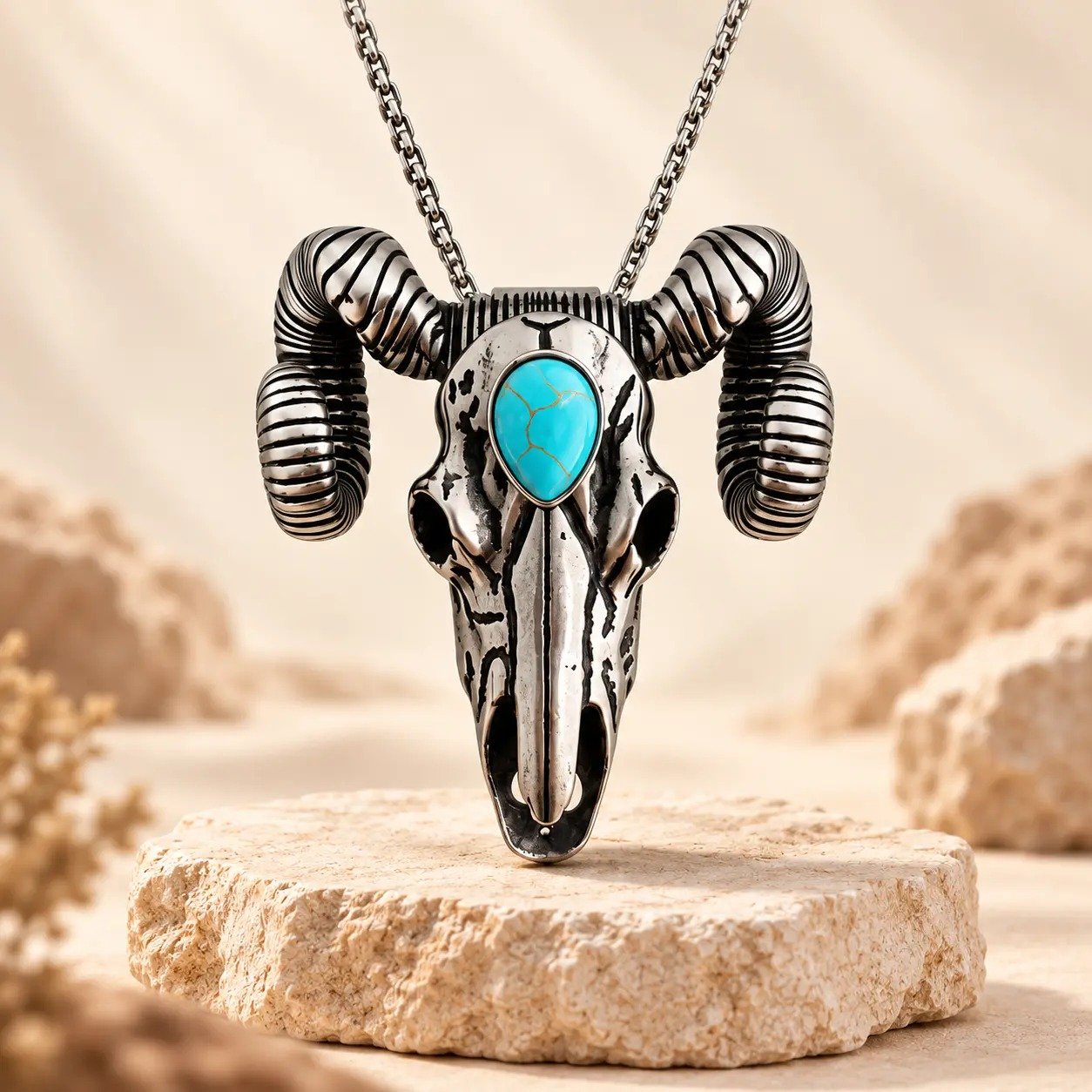 Turquoise Silver Ram western pendant