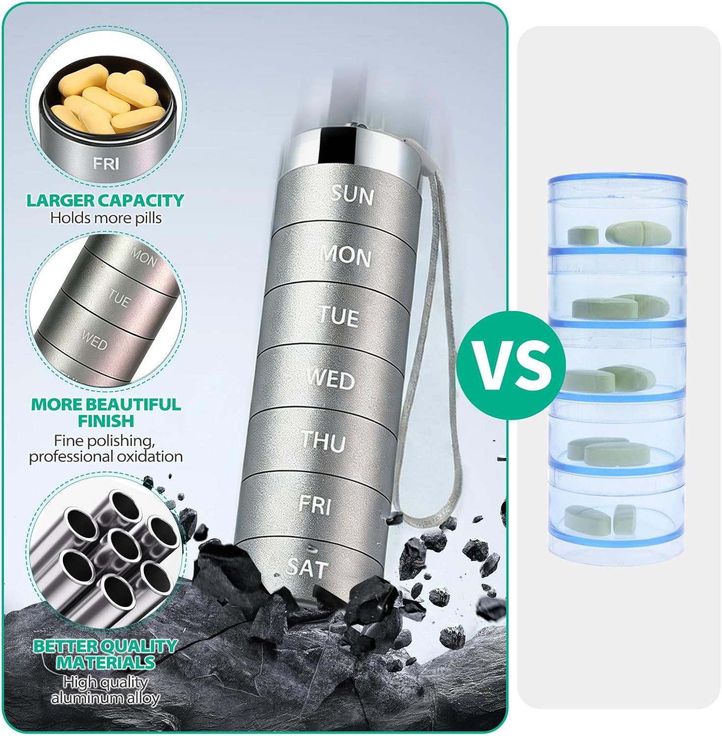 Metal Travel Pill Organizer, Portable Waterproof Weekly Pill Box, Large Aluminum Alloy Container, BPA Free 7 Day Daily Medicine Organizer Holder for Vitamin, Fish Oil, Supplement Storage box