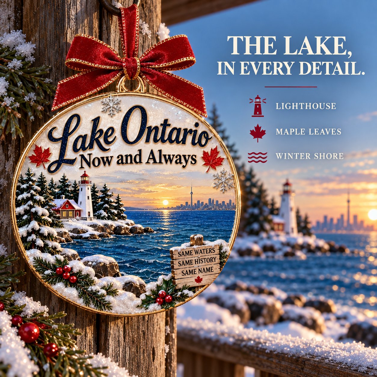Close-up Lake Ontario ornament details including lighthouse, maple leaves and winter shoreline