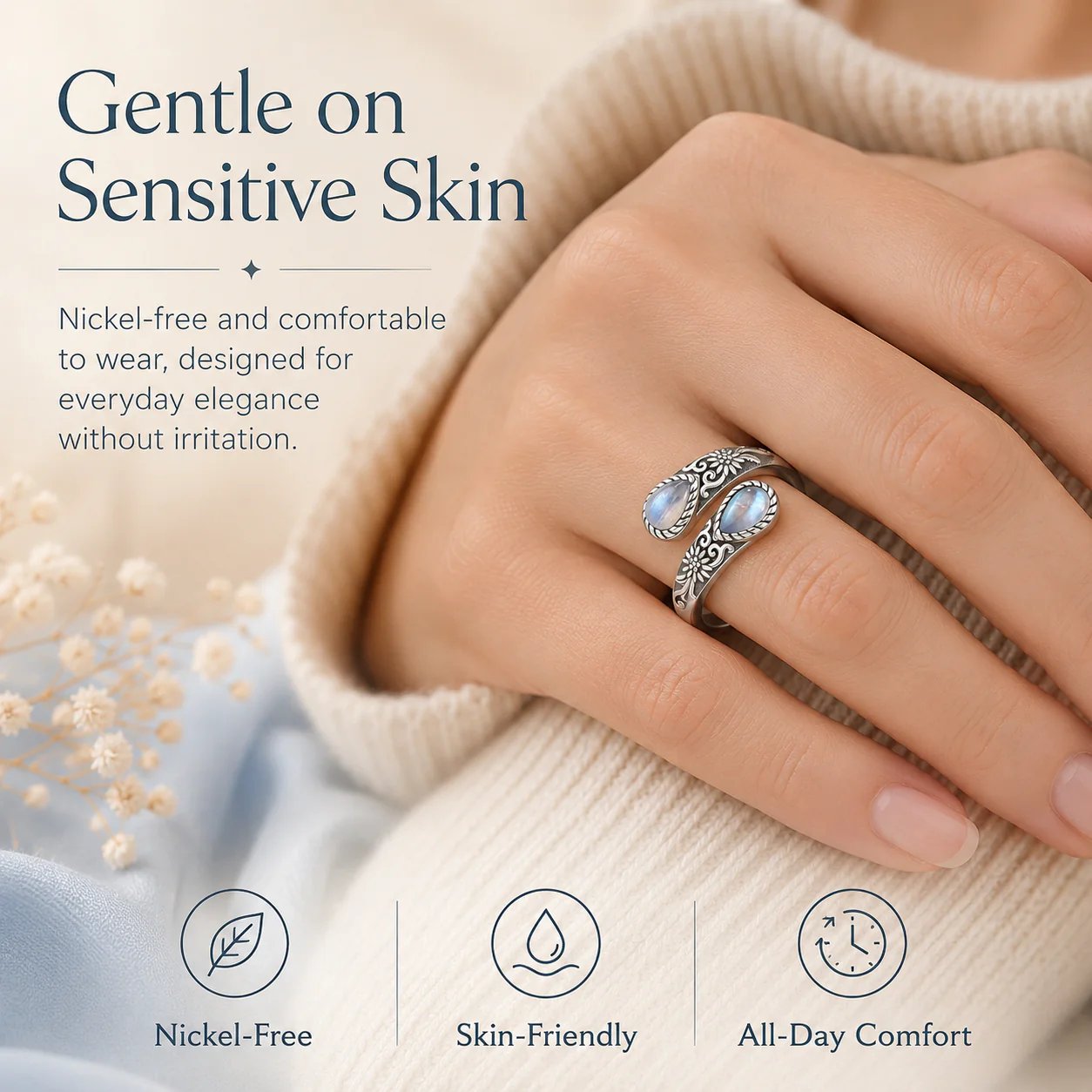 Moonstone ring product detail flat lay