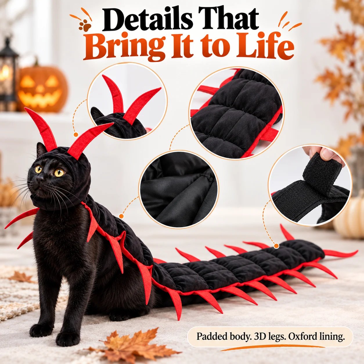 Pet comfortably exploring indoors wearing full centipede costume