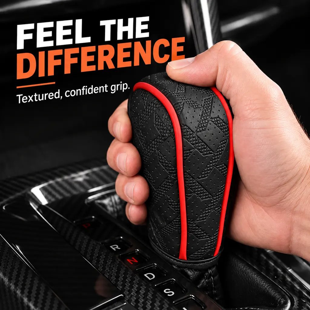 Close view of the textured grip on the black shift knob cover