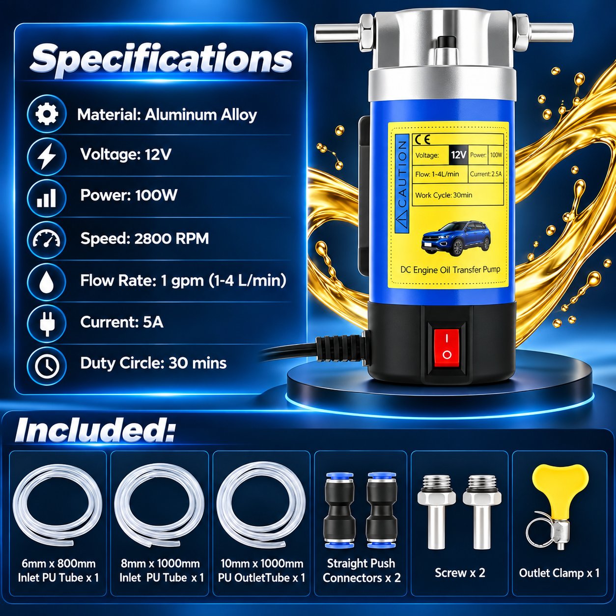 12V oil pump example with included hoses, connectors, screws and outlet clamp