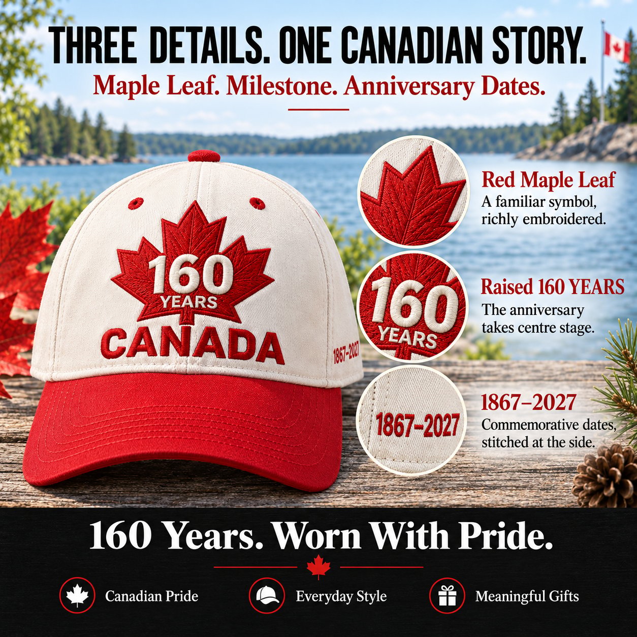 Close-up details of the red maple leaf, raised 160 YEARS lettering and embroidered 1867–2027 side date
