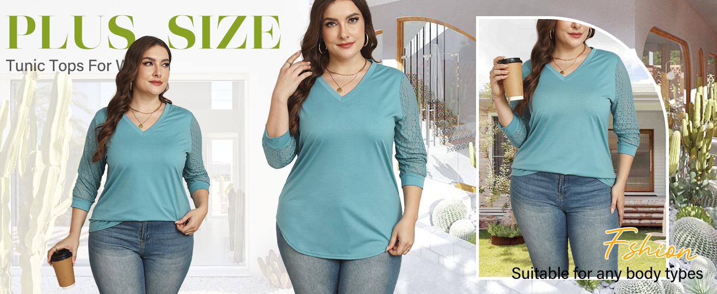 Aqua lace tunic shown on a fuller figure