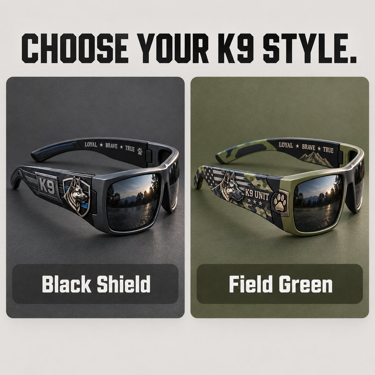 Side-by-side comparison of Black Shield and Field Green K9 Guardian sunglasses