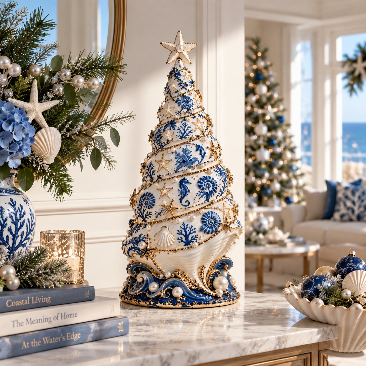 Kust-geïnspireerde kerstboom in een licht interieur