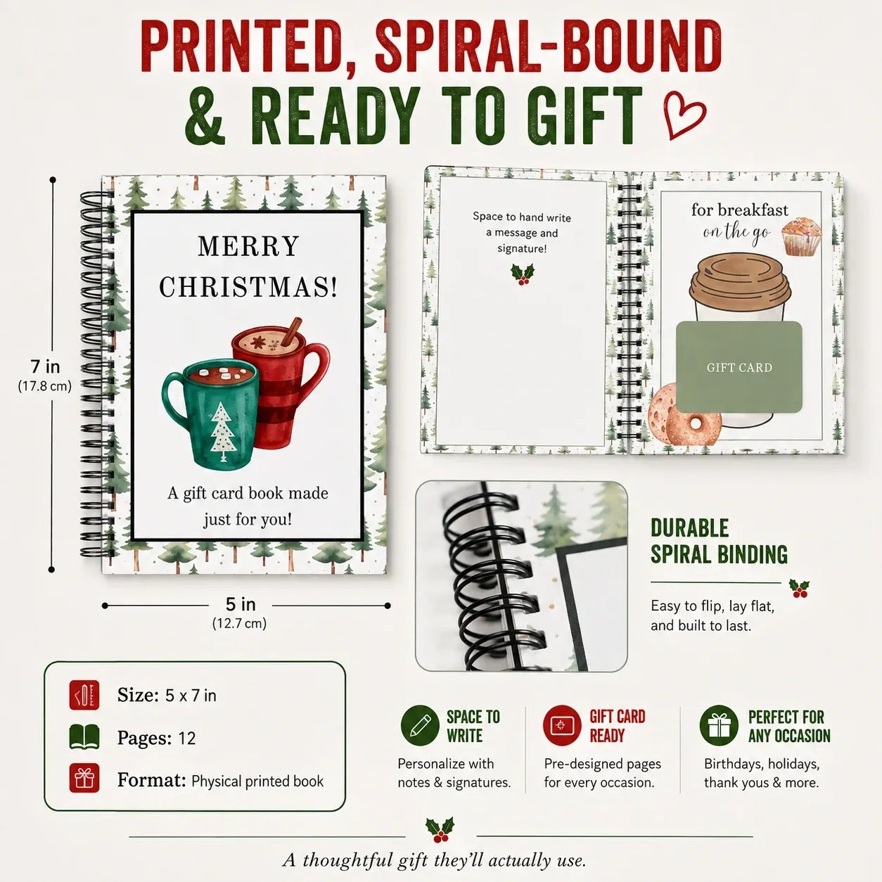 Christmas Gift Card Book dimensions and spiral binding