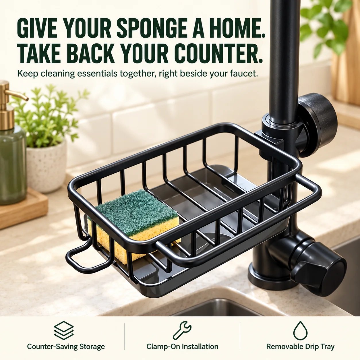 Faucet-mounted sink caddy saves counter space