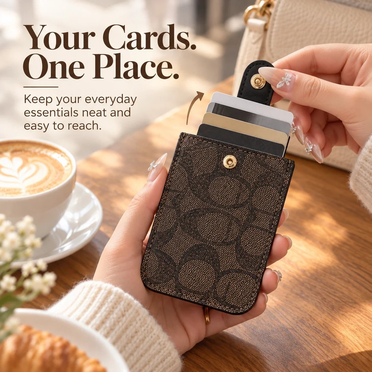 Cards stored neatly inside compact card wallet