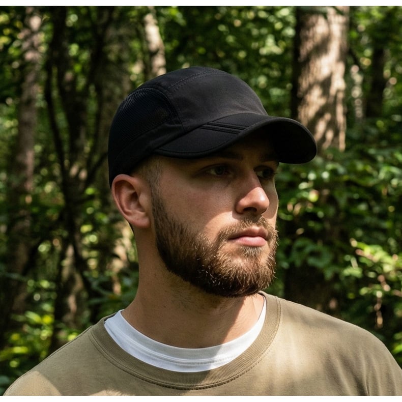 Black mesh cap outdoors