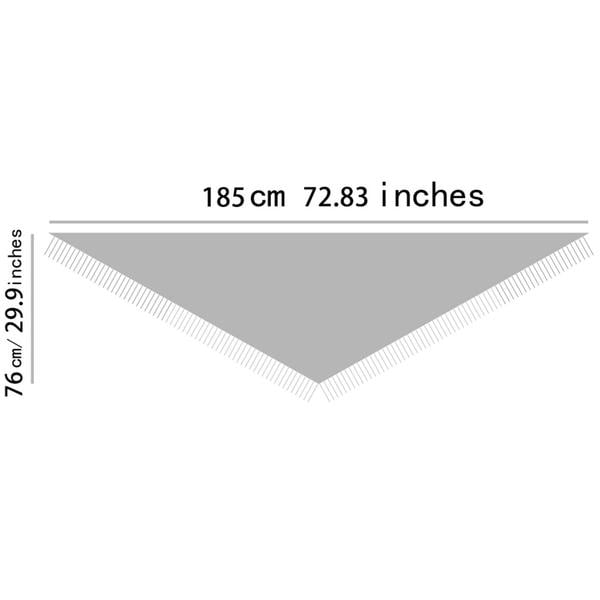 Triangular shawl size guide showing a width of 185 cm and depth of 76 cm
