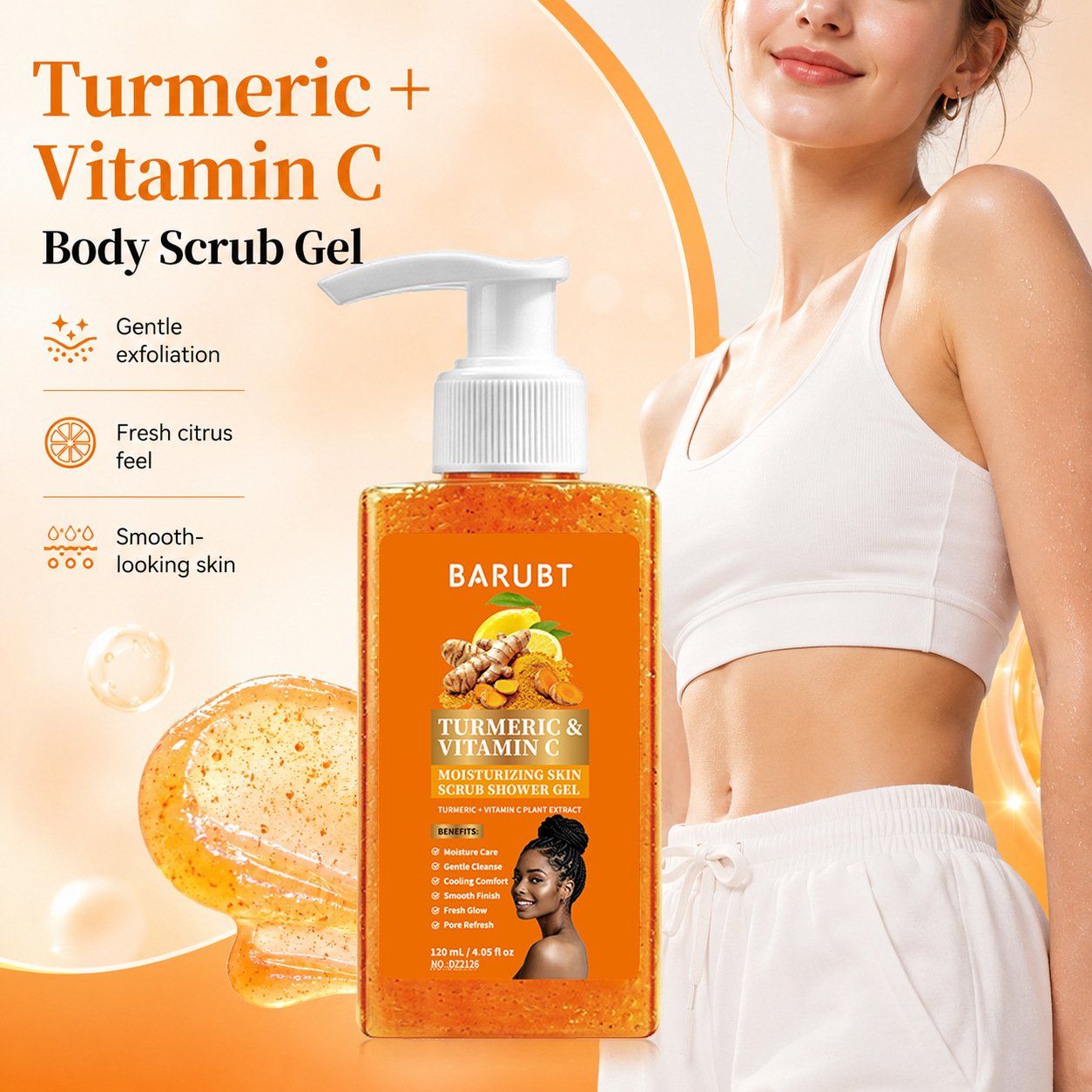 Turmeric and Vitamin C body scrub gel for gentle exfoliation and smooth-looking skin
