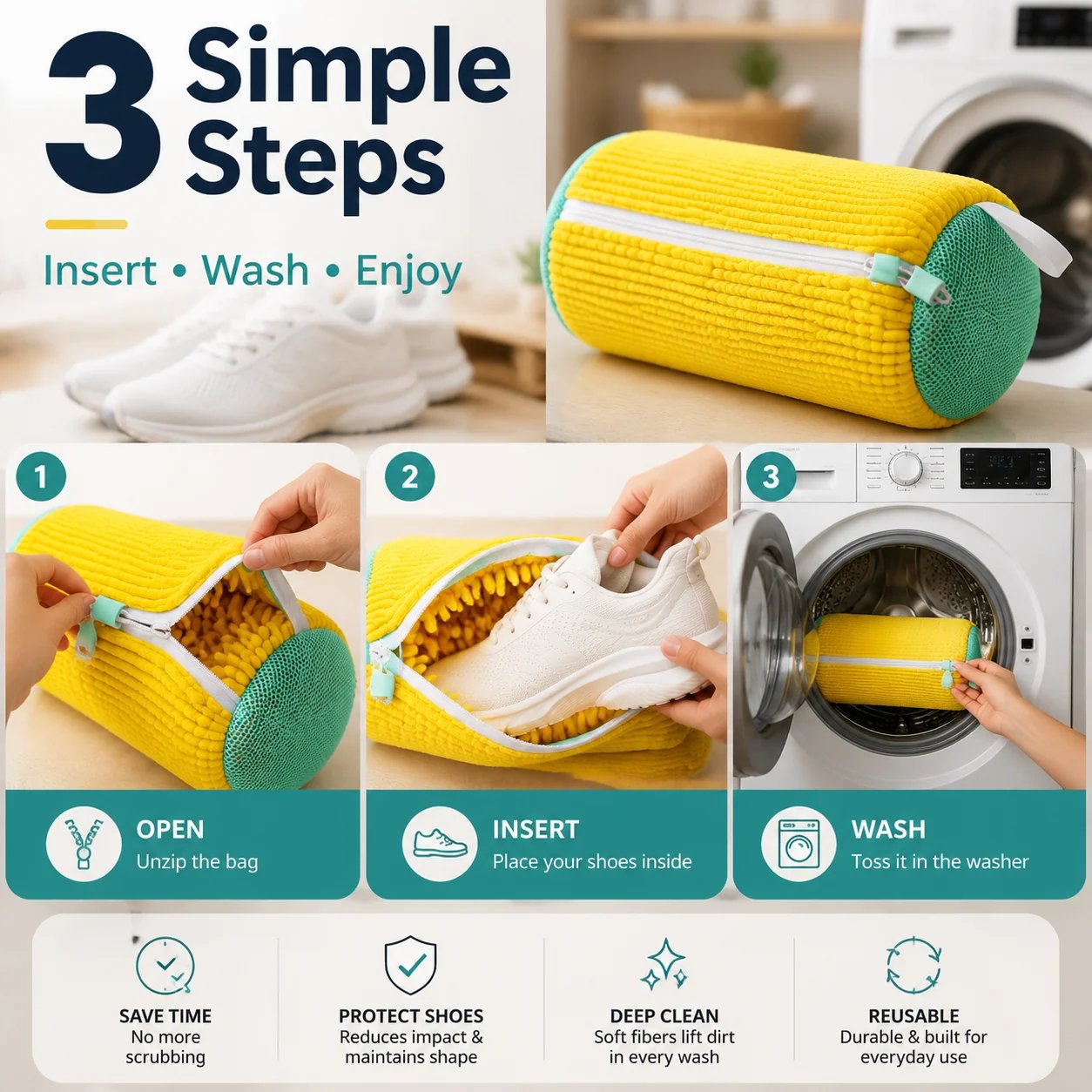 Reusable shoe washing bag for sneakers