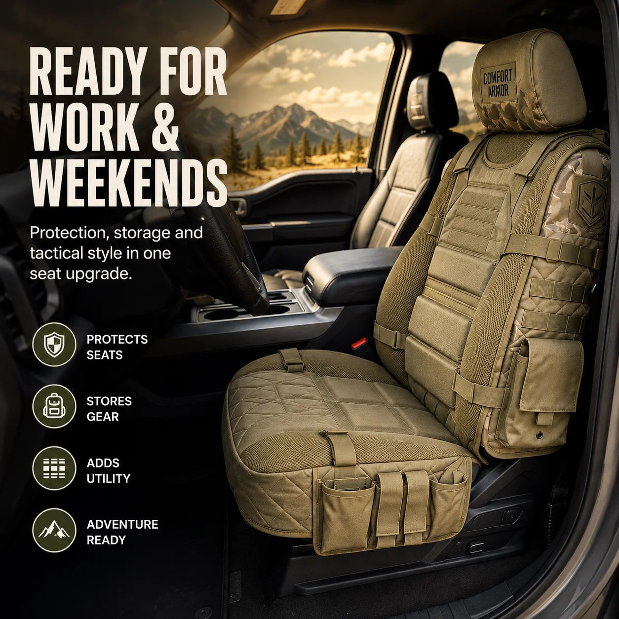 Tactical seat cover organizer ready for work and weekend travel