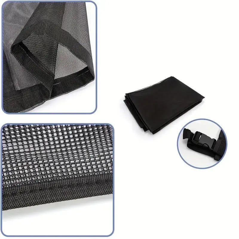 Close-up details of polyester mesh edges and buckle on AC cover