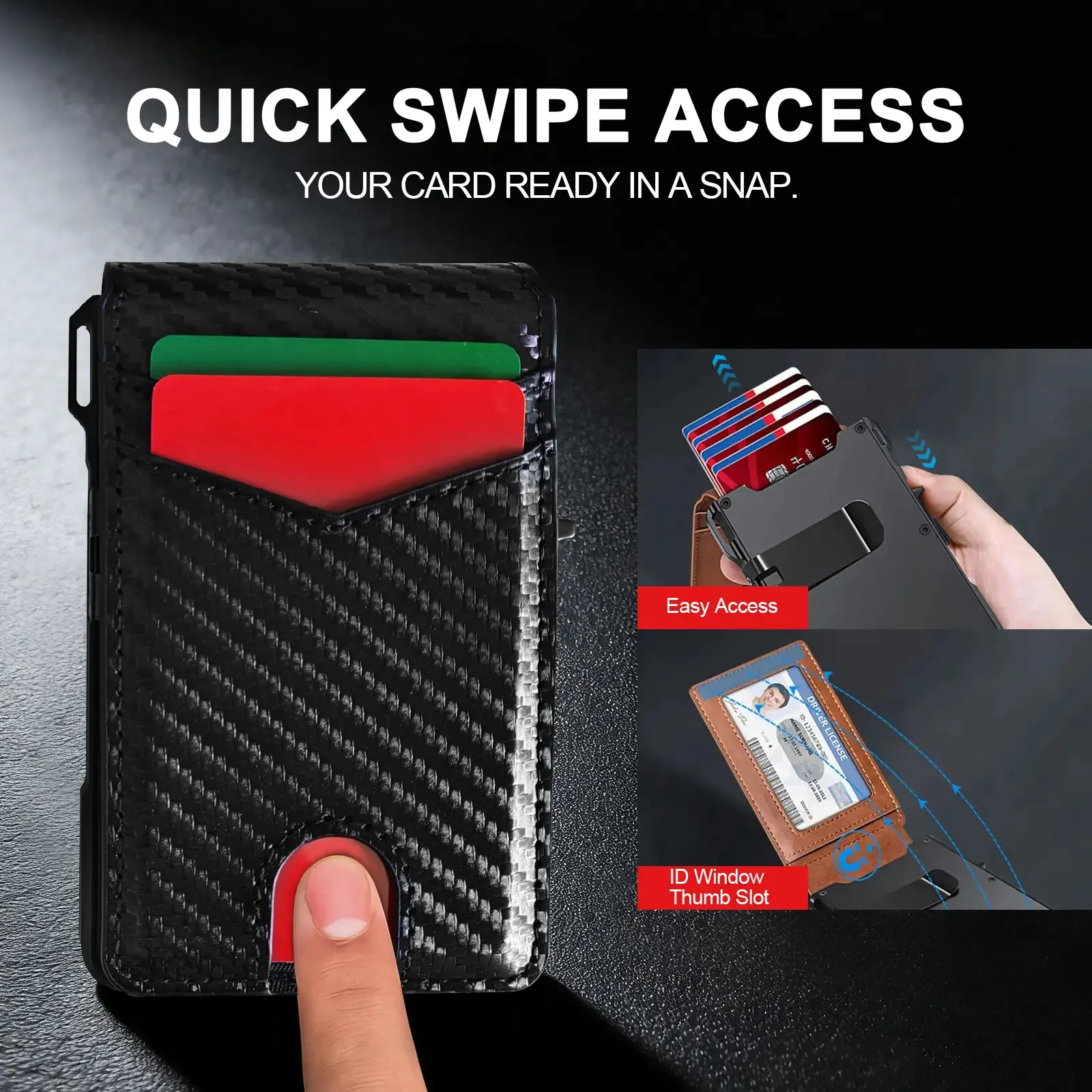 Quick swipe access and thumb slot wallet design Quick swipe access and thumb slot wallet design
