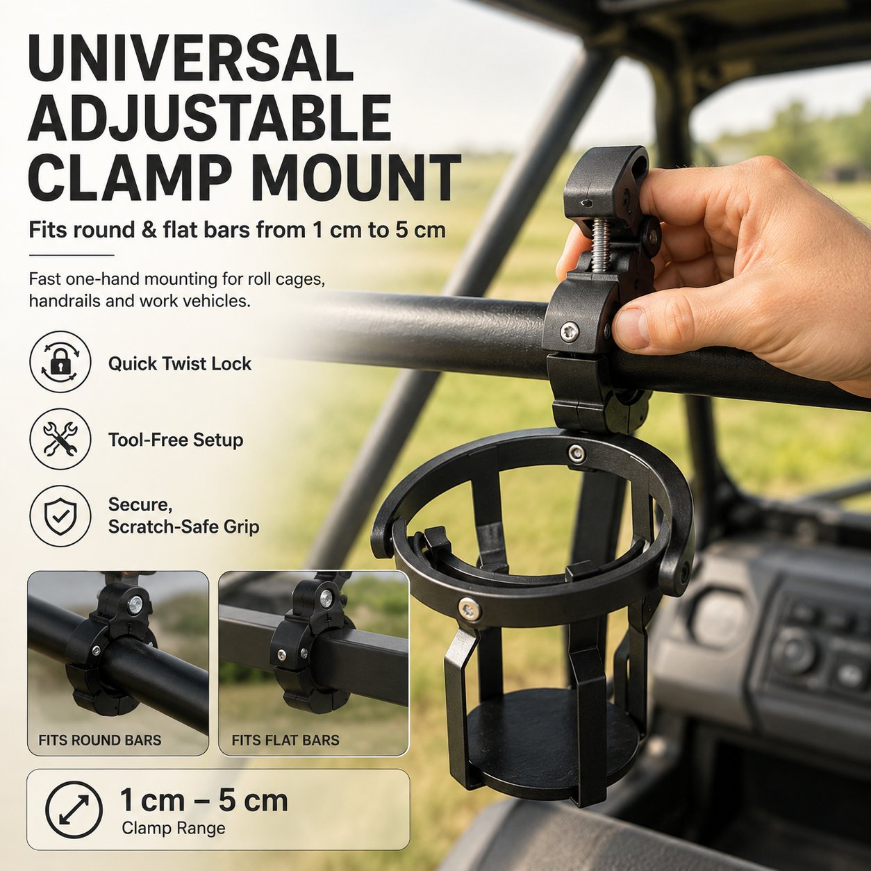 Universal adjustable clamp mount for cup holder