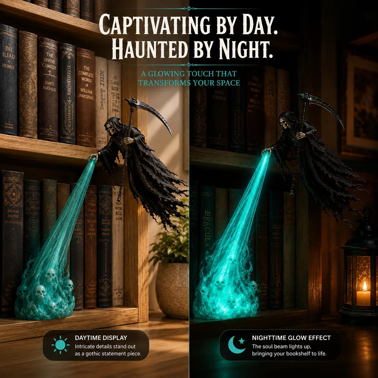 Soul Harvester bookshelf decoration shown during day and night