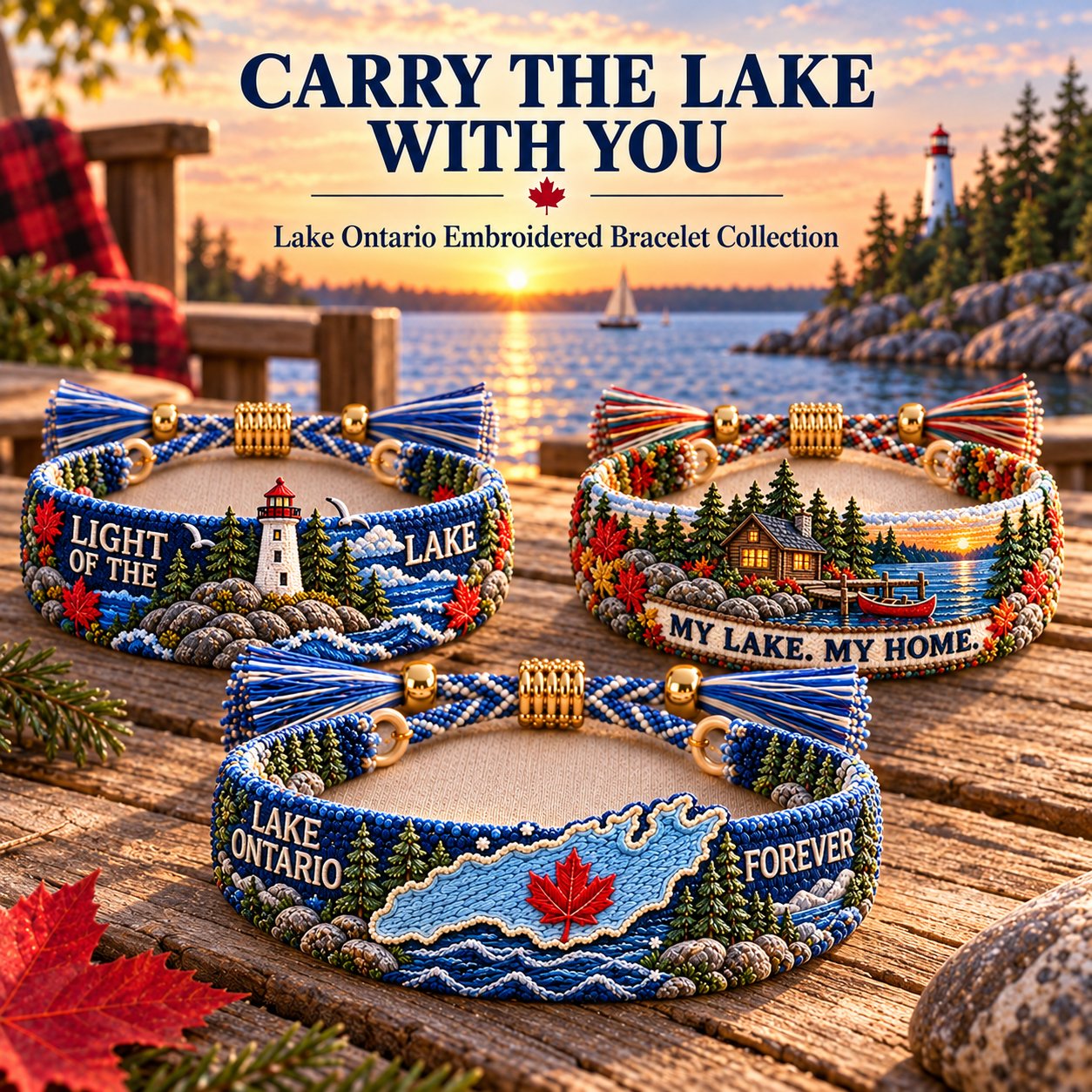 Lake Ontario embroidered bracelet collection beside the lake