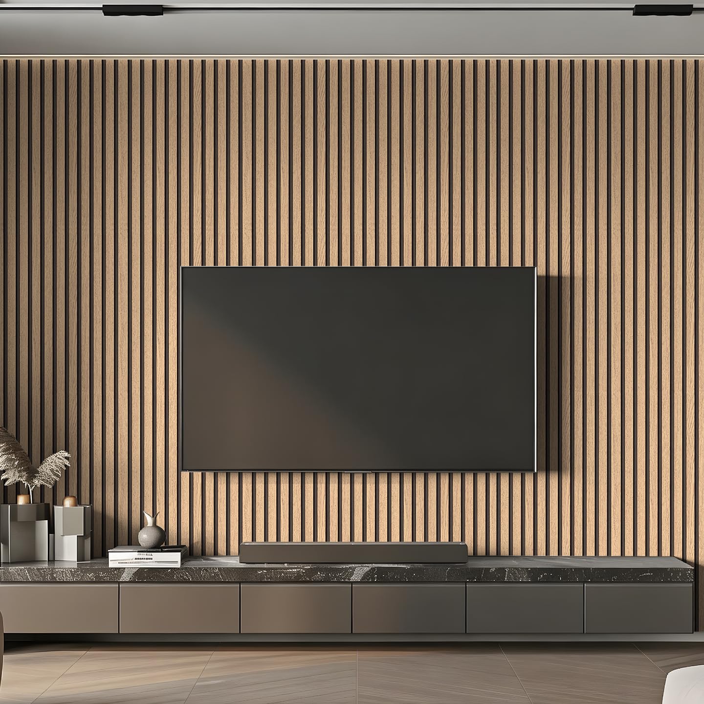 Wood slat panel TV feature wall