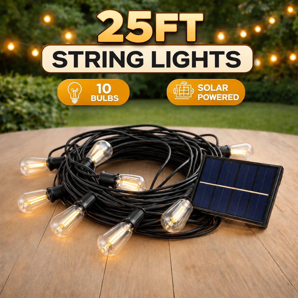 25FT solar outdoor string lights with 10 bulbs