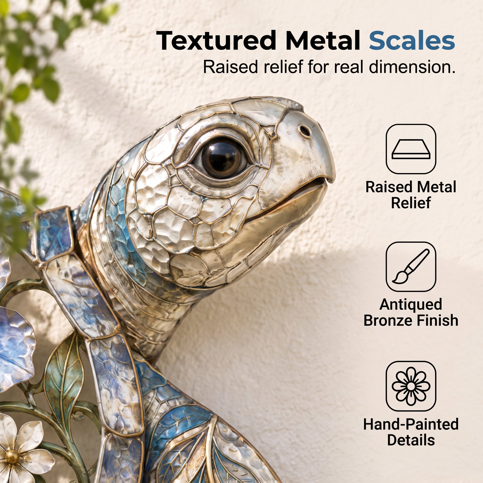 Textured metal scales and enameled color detail โ raised relief close-up