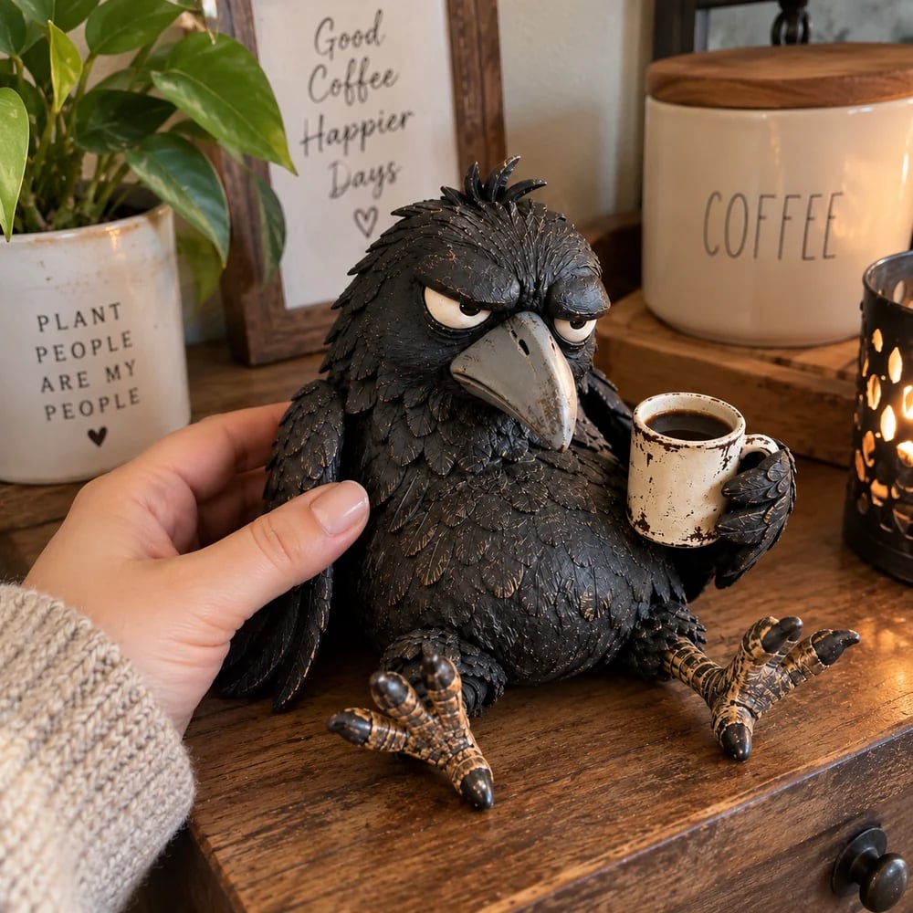 Rustic raven figurine unboxed at home