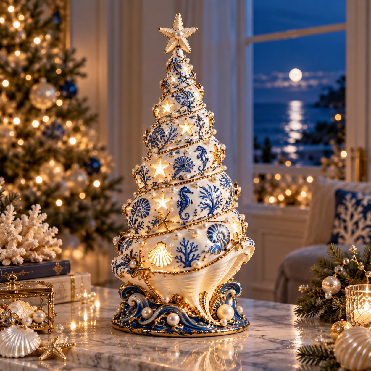 Verlichte blauw-witte kust kerstboom