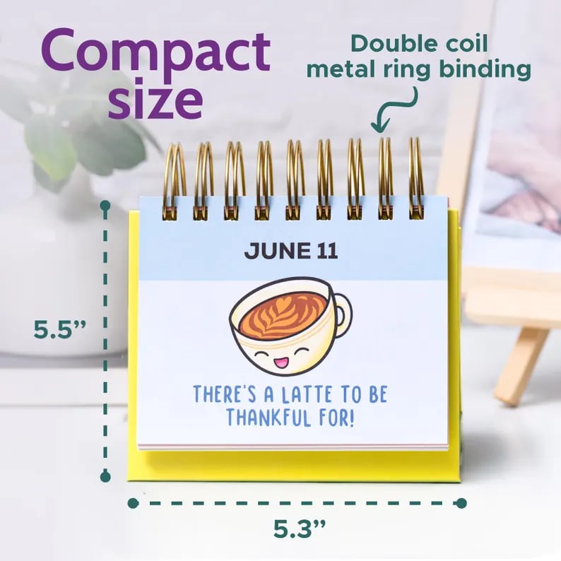Compact 5.5 by 5.3 inch desk calendar with double coil metal ring binding