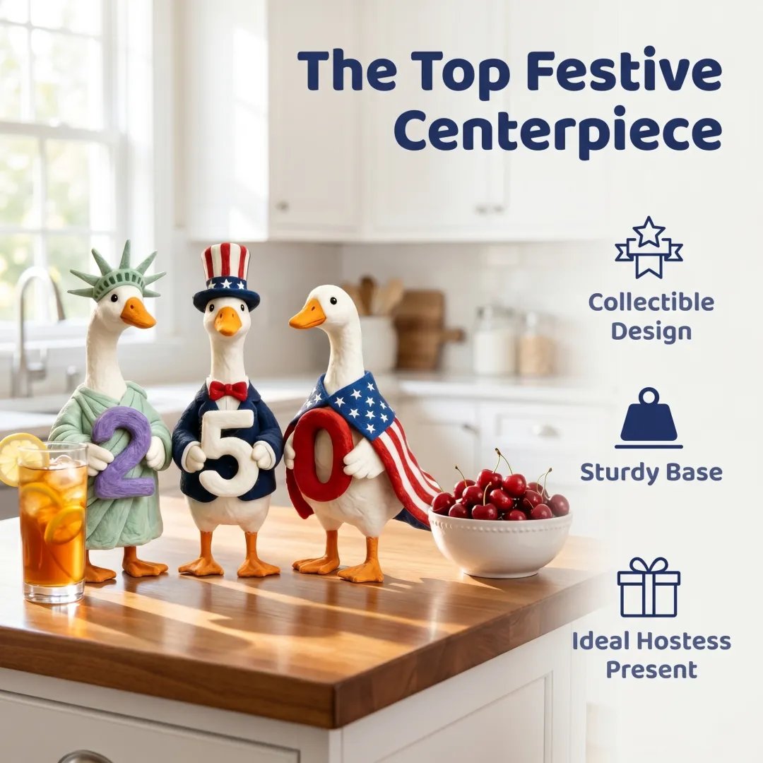 Whimsical USA 250 goose centerpiece on display