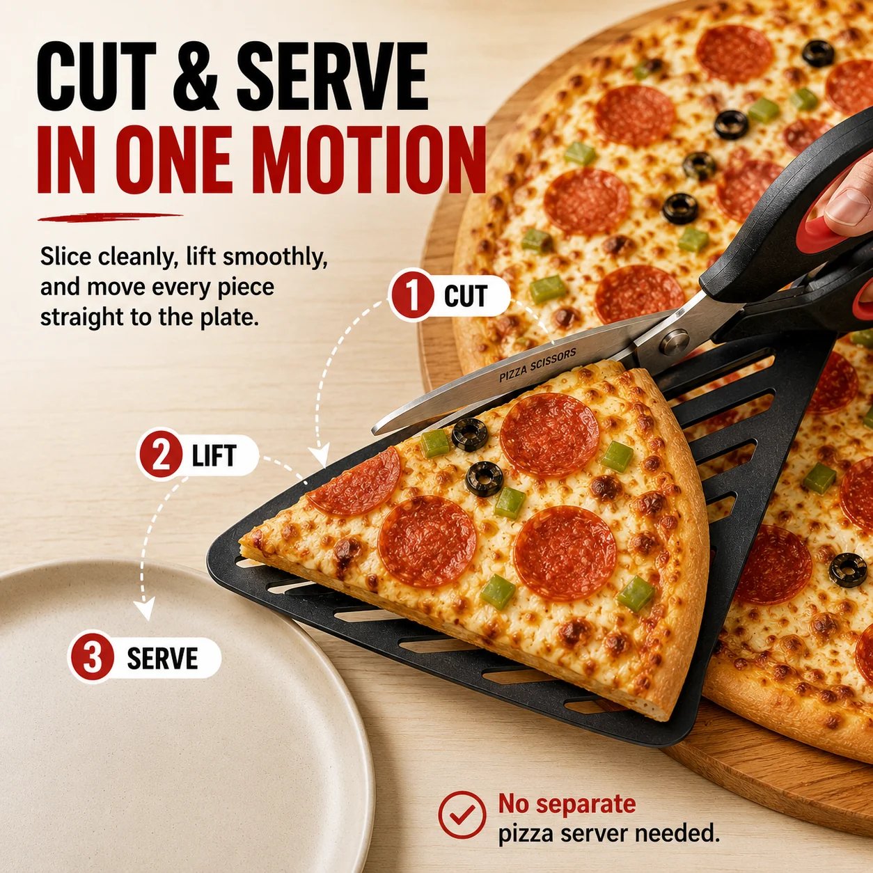 Pizza scissors demonstrating cut lift and serve