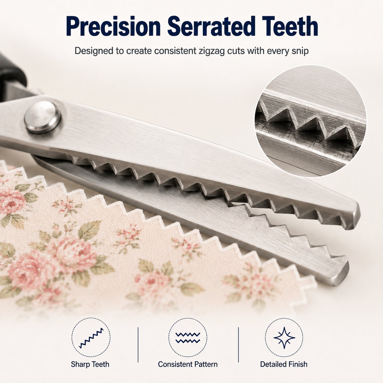 Close-up of precision serrated stainless steel teeth on pinking shears