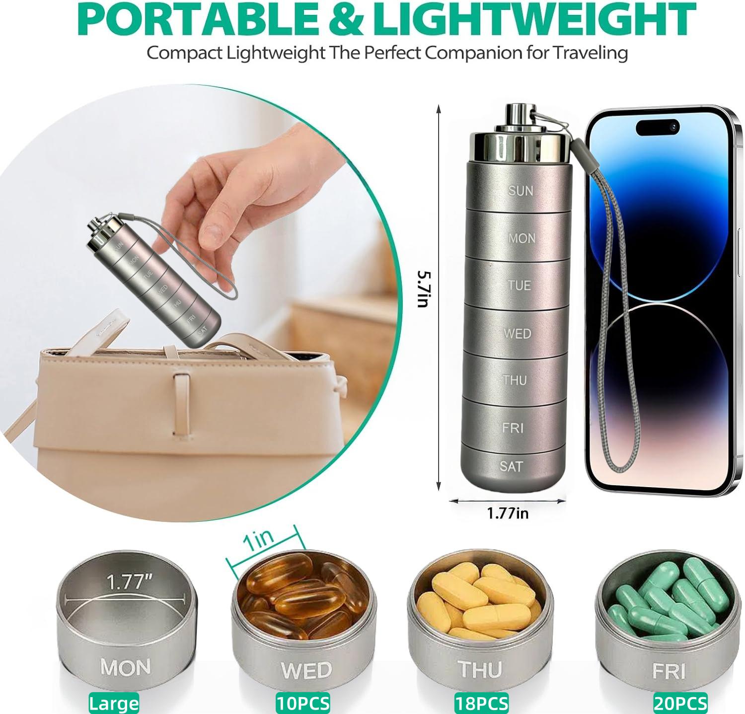 Metal Travel Pill Organizer, Portable Waterproof Weekly Pill Box, Large Aluminum Alloy Container, BPA Free 7 Day Daily Medicine Organizer Holder for Vitamin, Fish Oil, Supplement Storage box
