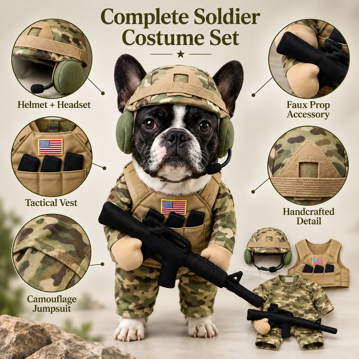Five-piece soldier costume with outfit, vest, helmet, headset and decorative prop