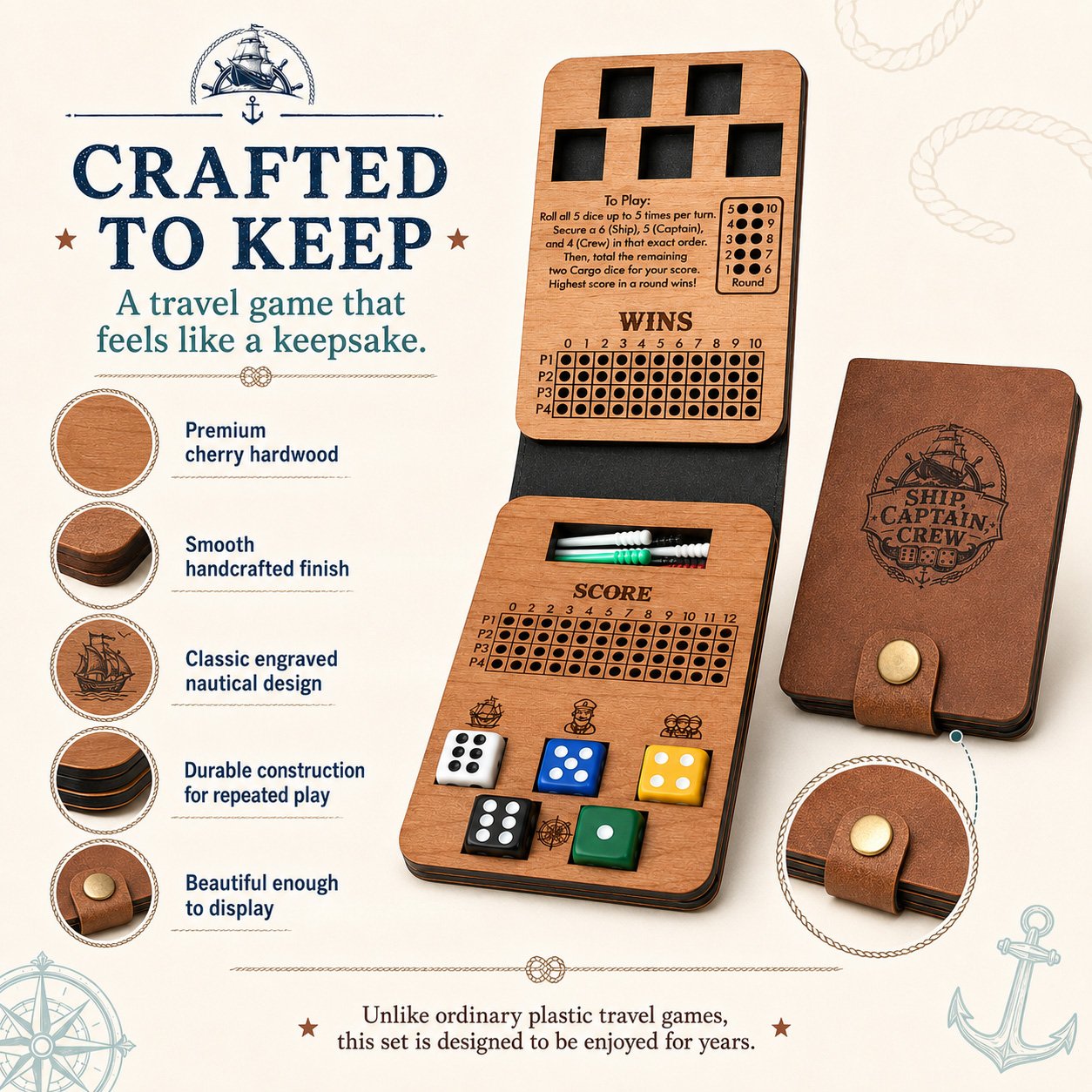Leatherette Carrying Case Wooden Travel Dice Game