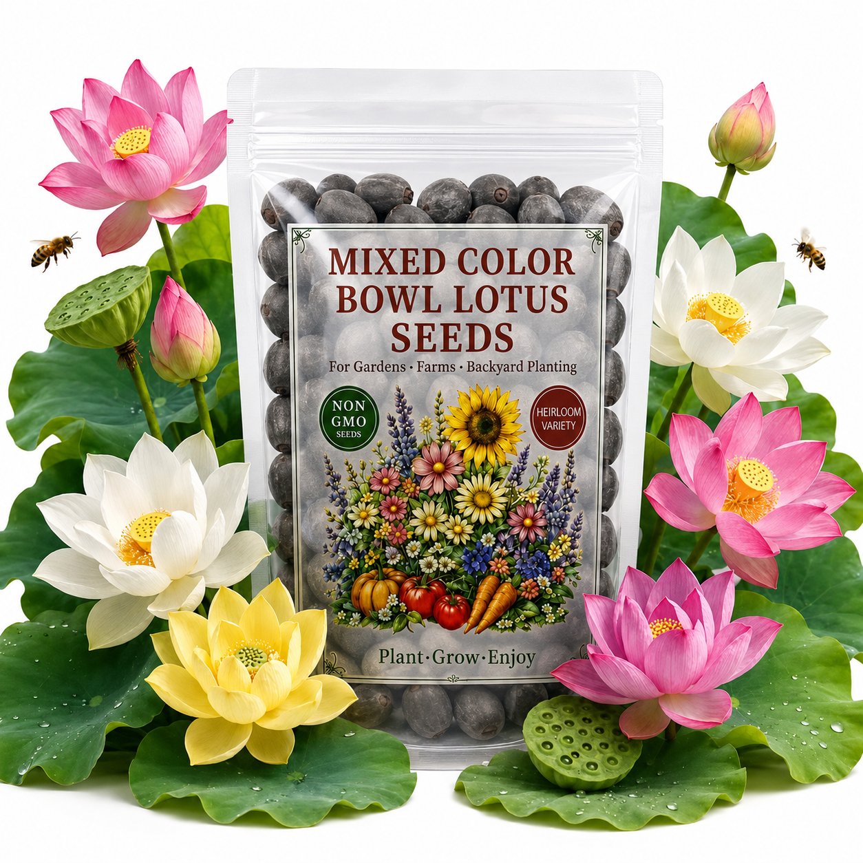 Package of mixed color bowl lotus seeds surrounded by lotus flowers and leaves