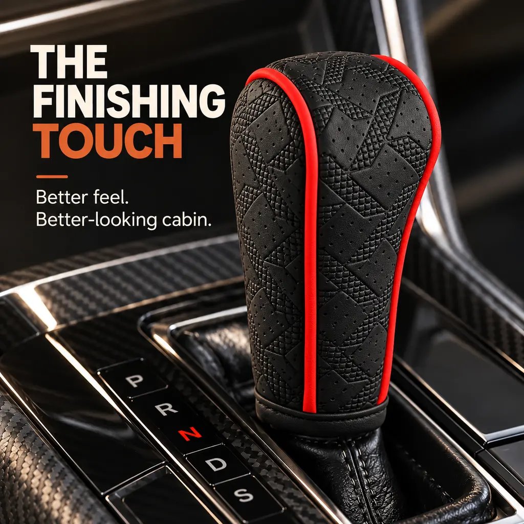 Finished look of the black shift knob cover in a car interior